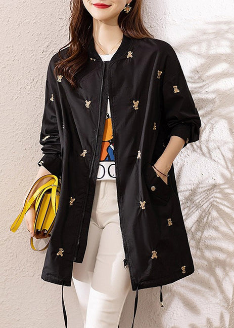 Italian Black Embroidered Drawstring Spandex Coats