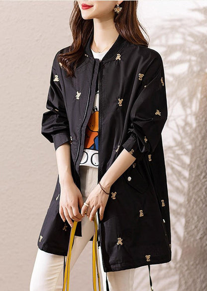 Italian Black Embroidered Drawstring Spandex Coats