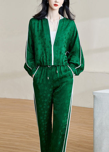 Jacquard Green Zippered Lace Up Elastic Waist Two-Piece Set