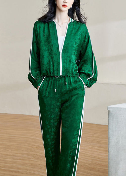 Jacquard Green Zippered Lace Up Elastic Waist Two-Piece Set
