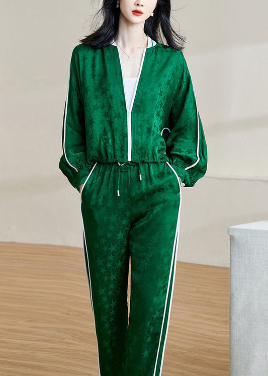 Jacquard Green Zippered Lace Up Elastic Waist Two-Piece Set
