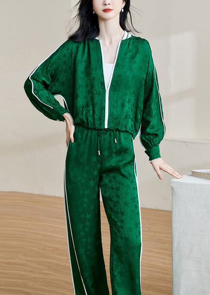 Jacquard Green Zippered Lace Up Elastic Waist Two-Piece Set