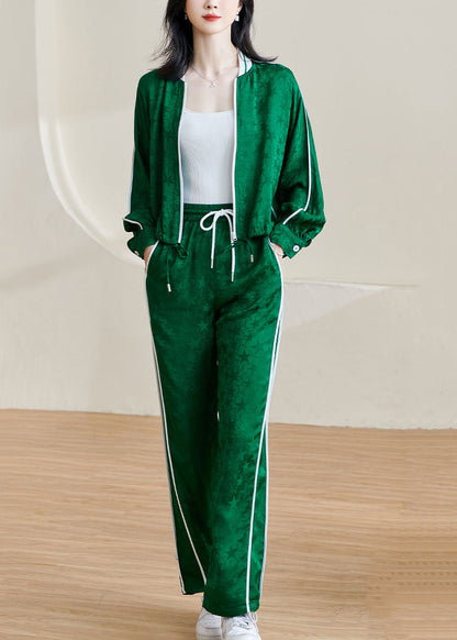 Jacquard Green Zippered Lace Up Elastic Waist Two-Piece Set