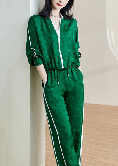 Jacquard Green Zippered Lace Up Elastic Waist Two-Piece Set