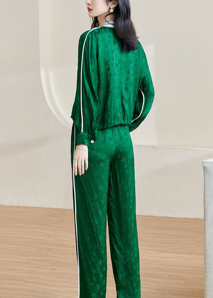 Jacquard Green Zippered Lace Up Elastic Waist Two-Piece Set