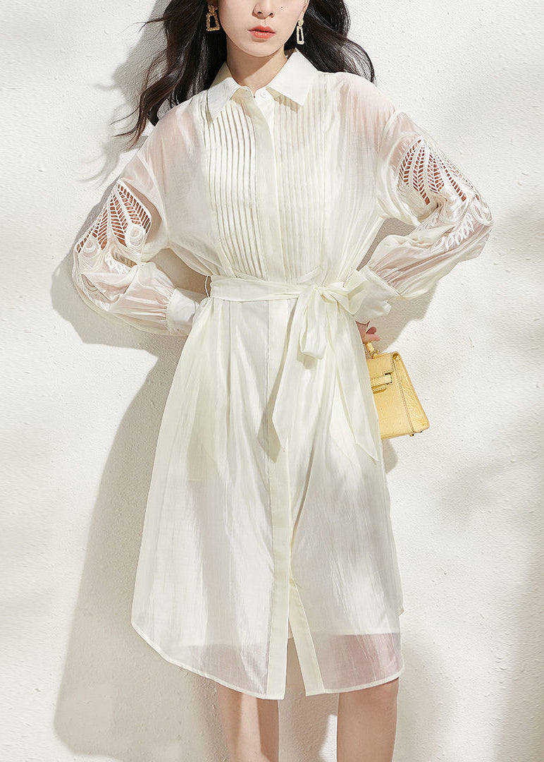 Loose Beige Hollow Out Tie Waist Shirts Dress And Spaghetti Strap Dress Silk Two-Piece Set