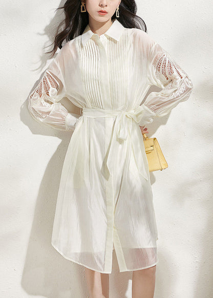 Loose Beige Hollow Out Tie Waist Shirts Dress And Spaghetti Strap Dress Silk Two-Piece Set