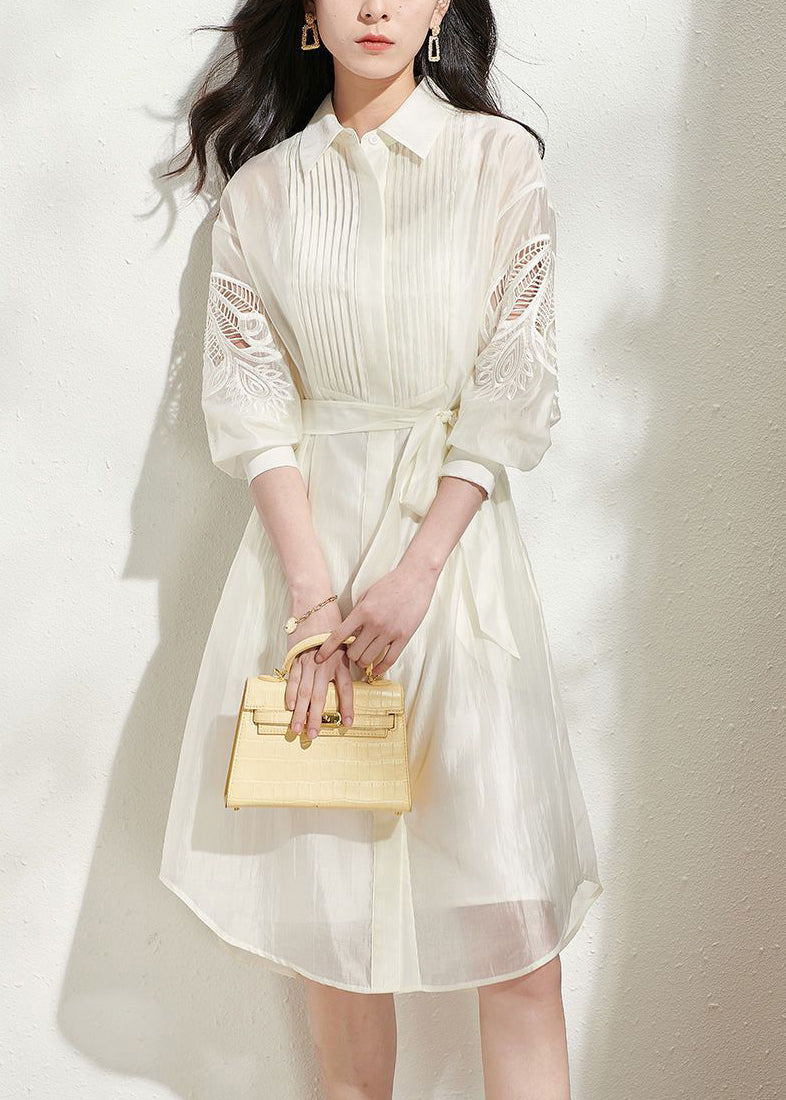 Loose Beige Hollow Out Tie Waist Shirts Dress And Spaghetti Strap Dress Silk Two-Piece Set