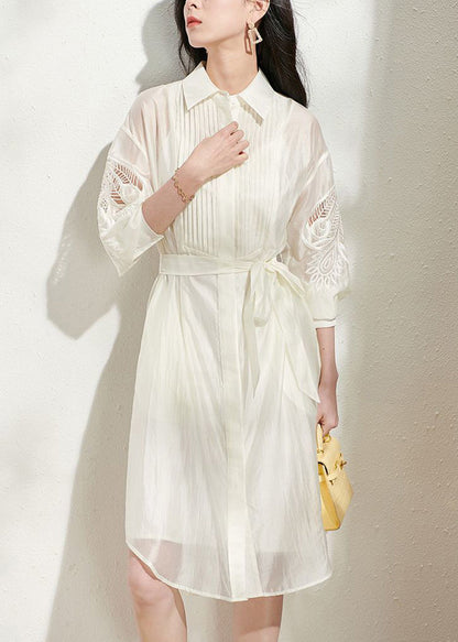 Loose Beige Hollow Out Tie Waist Shirts Dress And Spaghetti Strap Dress Silk Two-Piece Set