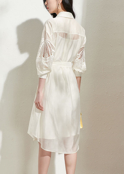 Loose Beige Hollow Out Tie Waist Shirts Dress And Spaghetti Strap Dress Silk Two-Piece Set