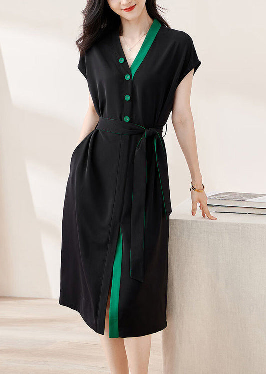 Loose Black V-Neck Button Tie Waist Cotton Dresses Batwing Sleeve