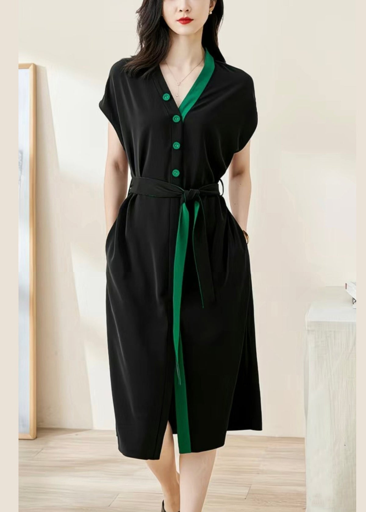 Loose Black V-Neck Button Tie Waist Cotton Dresses Batwing Sleeve