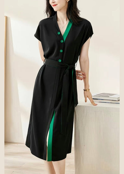 Loose Black V-Neck Button Tie Waist Cotton Dresses Batwing Sleeve