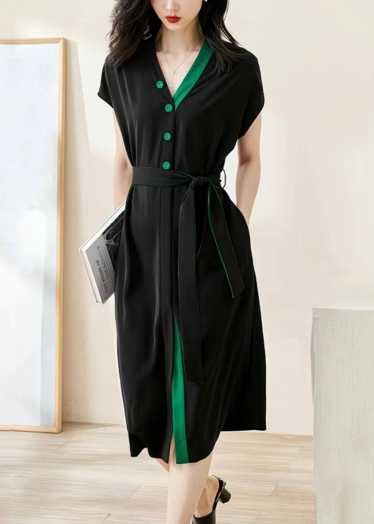 Loose Black V-Neck Button Tie Waist Cotton Dresses Batwing Sleeve
