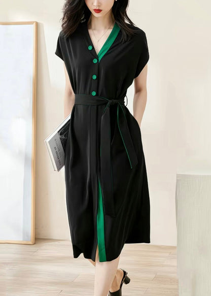 Loose Black V-Neck Button Tie Waist Cotton Dresses Batwing Sleeve