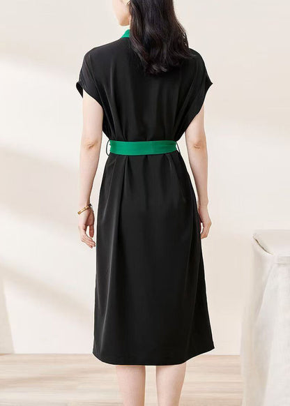 Loose Black V-Neck Button Tie Waist Cotton Dresses Batwing Sleeve