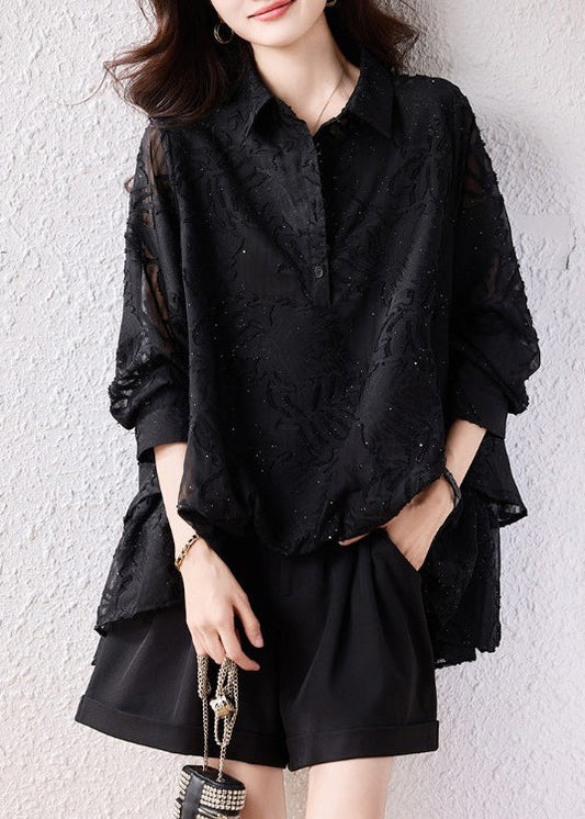 Modern Black Oversized Jacquard Chiffon Shirt Top