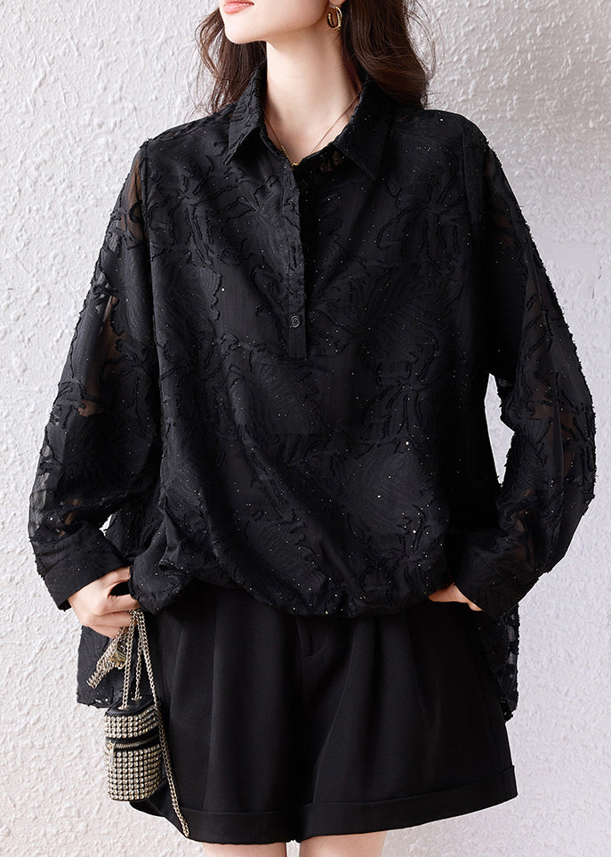 Modern Black Oversized Jacquard Chiffon Shirt Top