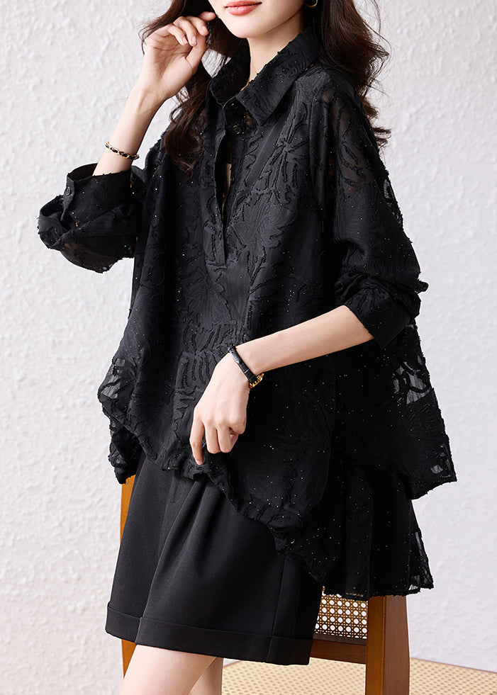 Modern Black Oversized Jacquard Chiffon Shirt Top