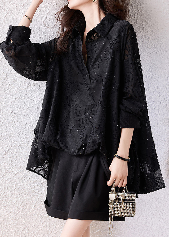 Modern Black Oversized Jacquard Chiffon Shirt Top