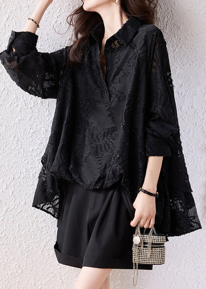 Modern Black Oversized Jacquard Chiffon Shirt Top