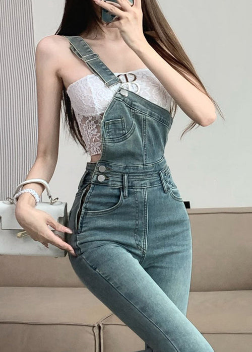Modern Blue One Shoulder Denim Ripped Jeans Jumpsuit