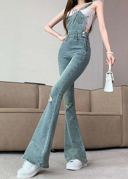 Modern Blue One Shoulder Denim Ripped Jeans Jumpsuit