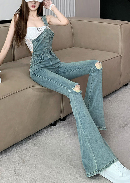 Modern Blue One Shoulder Denim Ripped Jeans Jumpsuit