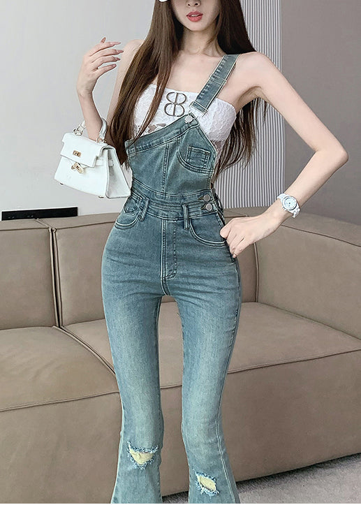 Modern Blue One Shoulder Denim Ripped Jeans Jumpsuit