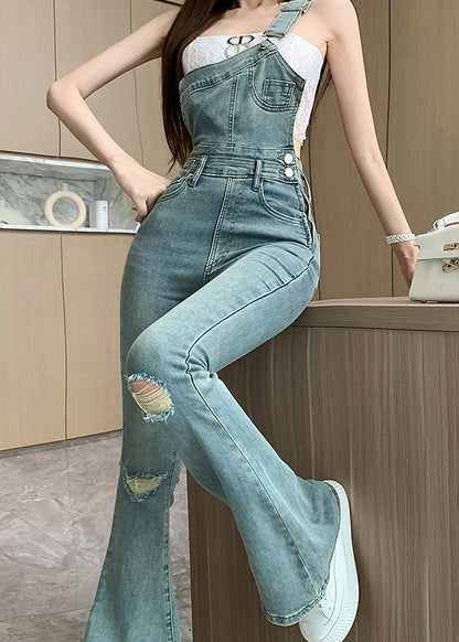 Modern Blue One Shoulder Denim Ripped Jeans Jumpsuit