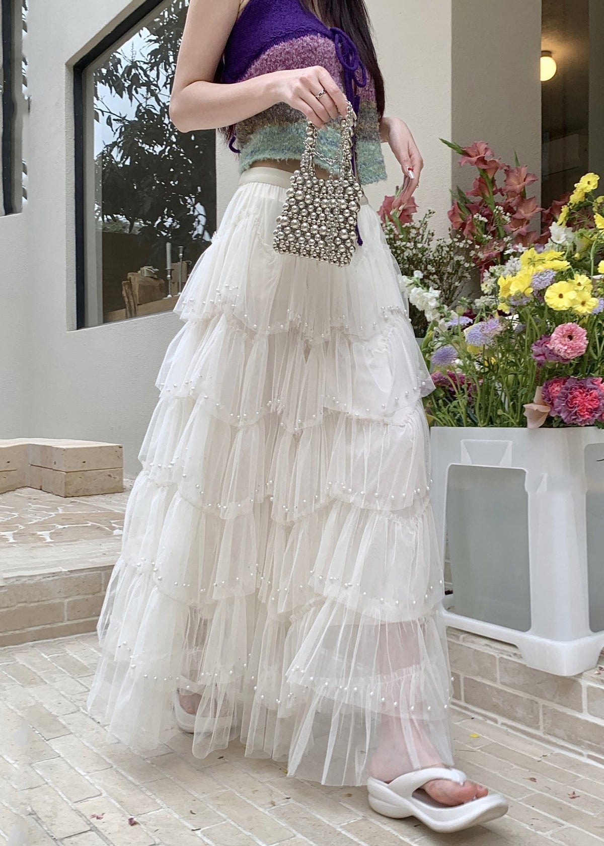 Modern White Nail Bead Tulle Holiday Skirts
