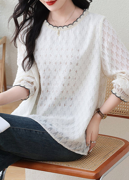 Modern White O-Neck Jacquard Lace Top
