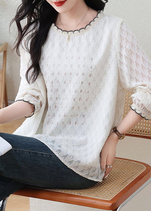 Modern White O-Neck Jacquard Lace Top