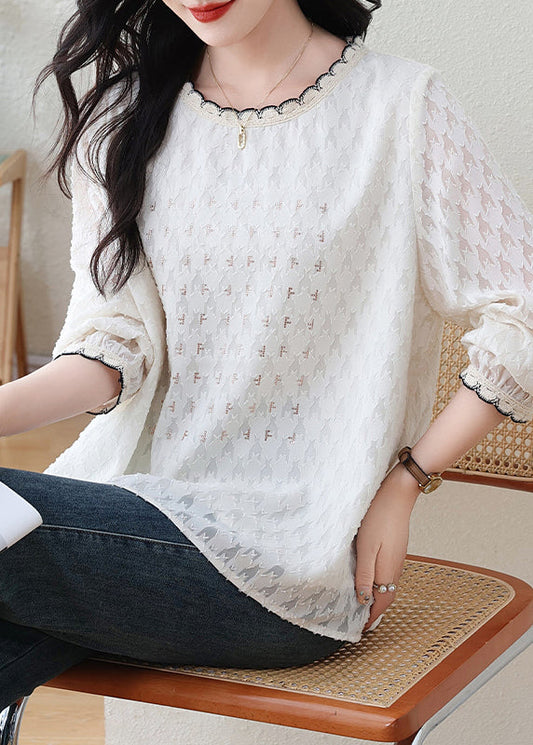 Modern White O-Neck Jacquard Lace Top