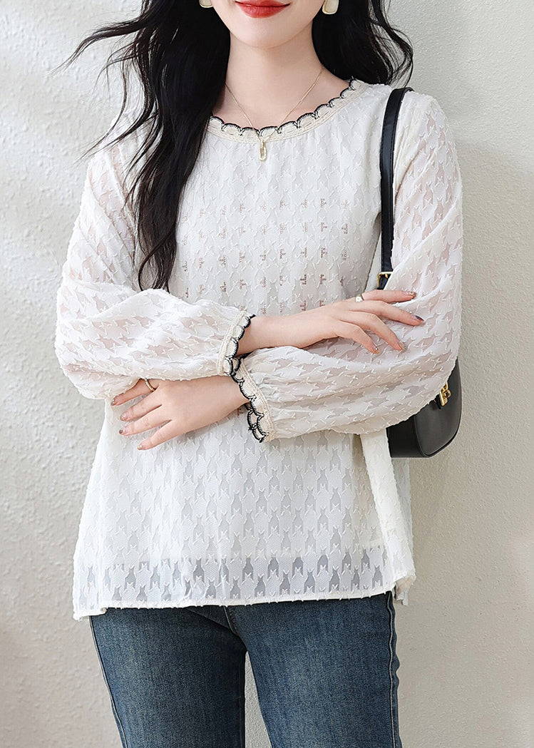 Modern White O-Neck Jacquard Lace Top