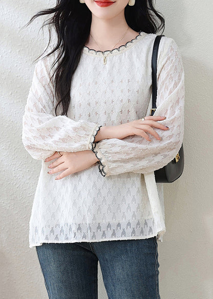 Modern White O-Neck Jacquard Lace Top