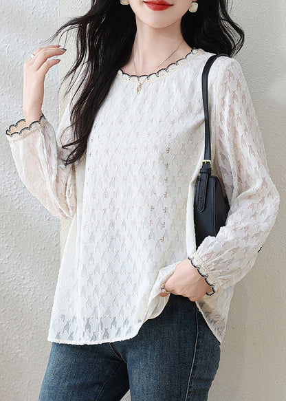 Modern White O-Neck Jacquard Lace Top