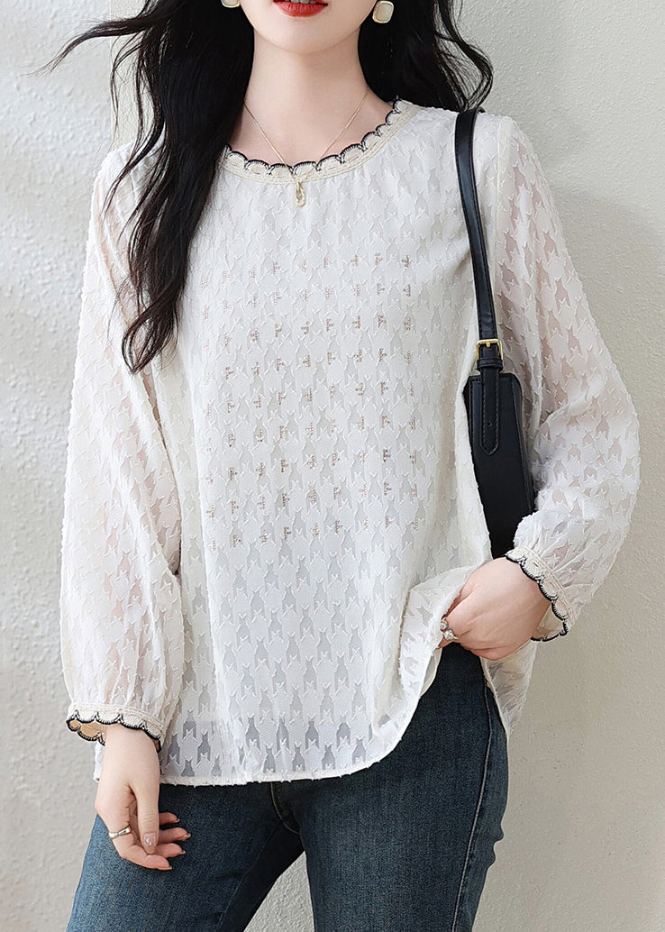 Modern White O-Neck Jacquard Lace Top