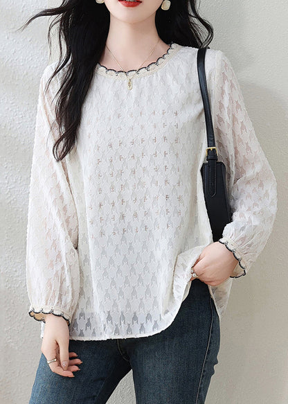 Modern White O-Neck Jacquard Lace Top