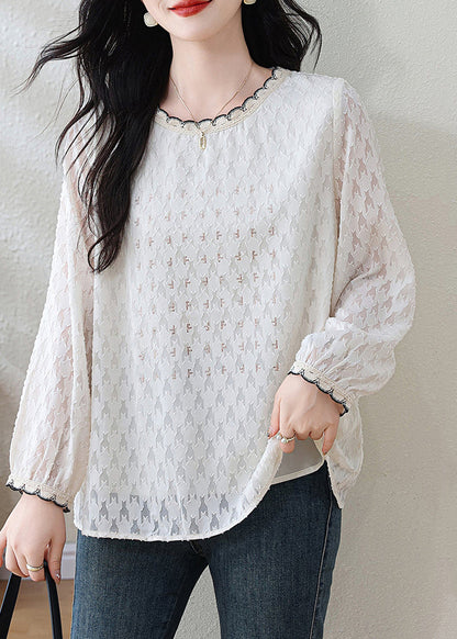 Modern White O-Neck Jacquard Lace Top