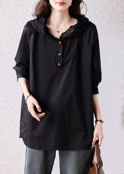 Natural Black Hooded Lace Patchwork Cotton Pullover Sweatshirt