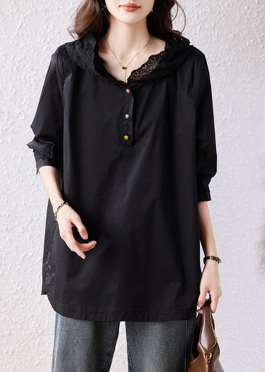 Natural Black Hooded Lace Patchwork Cotton Pullover Sweatshirt