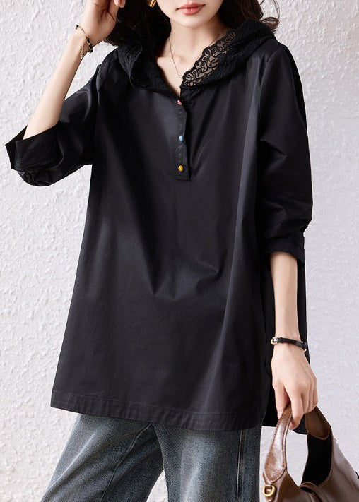 Natural Black Hooded Lace Patchwork Cotton Pullover Sweatshirt
