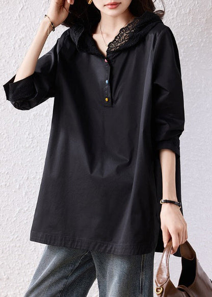 Natural Black Hooded Lace Patchwork Cotton Pullover Sweatshirt