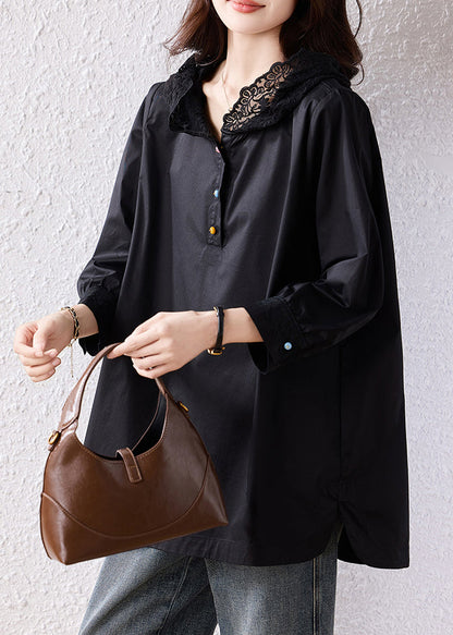 Natural Black Hooded Lace Patchwork Cotton Pullover Sweatshirt