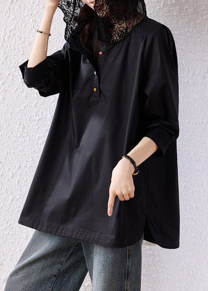 Natural Black Hooded Lace Patchwork Cotton Pullover Sweatshirt