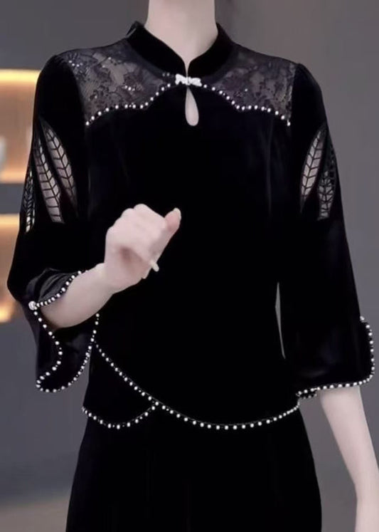 Black Pearl Hollow Out False Two-Piece Silk Velvet Dresses Bracelet Sleeve