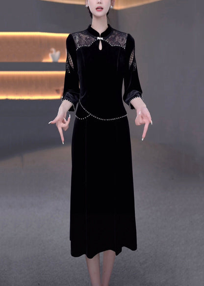 Black Pearl Hollow Out False Two-Piece Silk Velvet Dresses Bracelet Sleeve