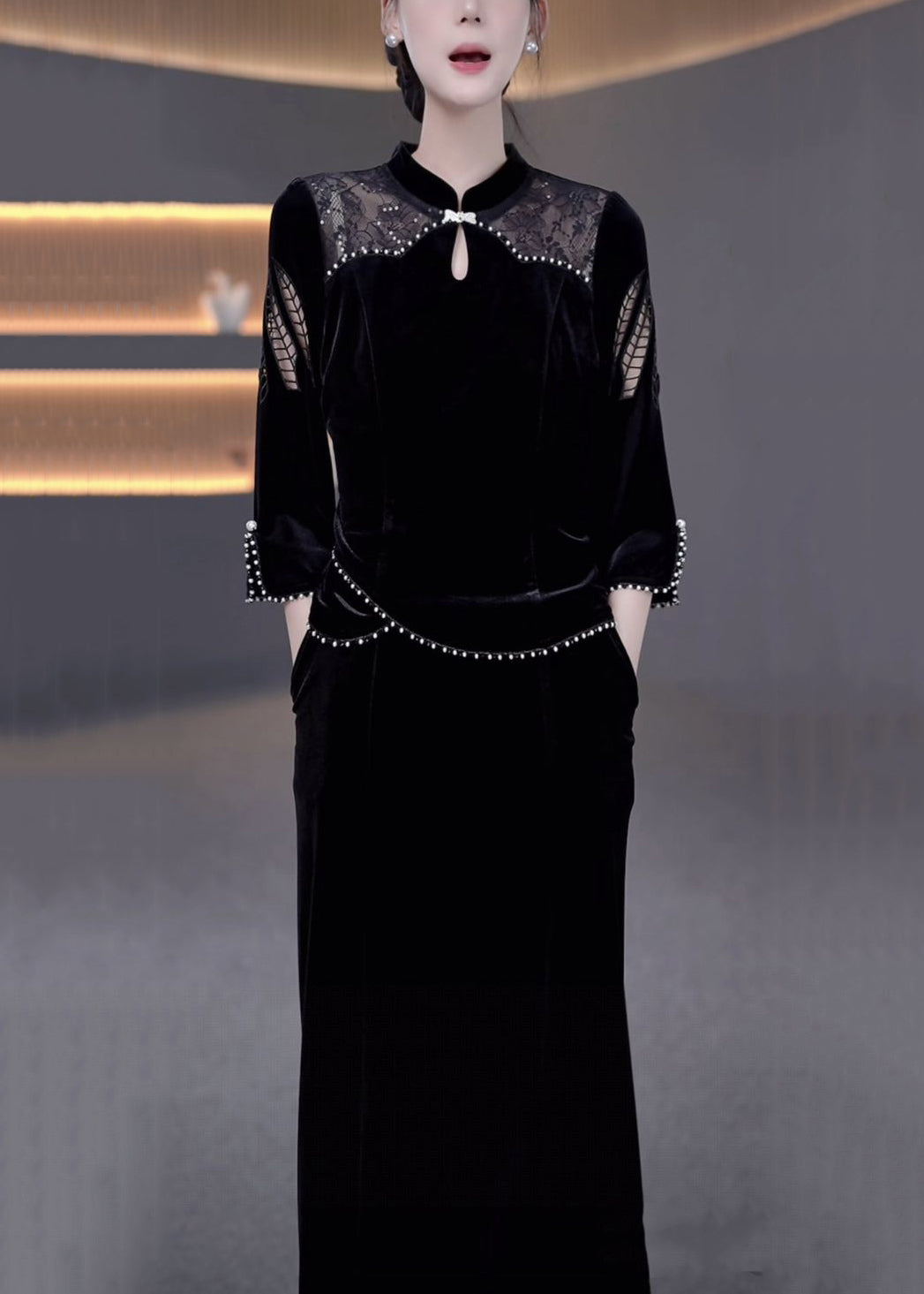 Black Pearl Hollow Out False Two-Piece Silk Velvet Dresses Bracelet Sleeve