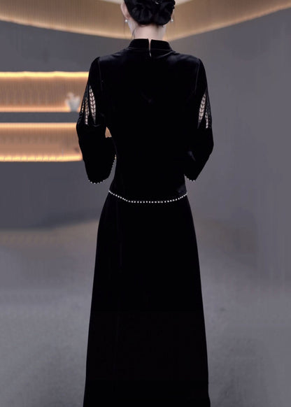 Black Pearl Hollow Out False Two-Piece Silk Velvet Dresses Bracelet Sleeve